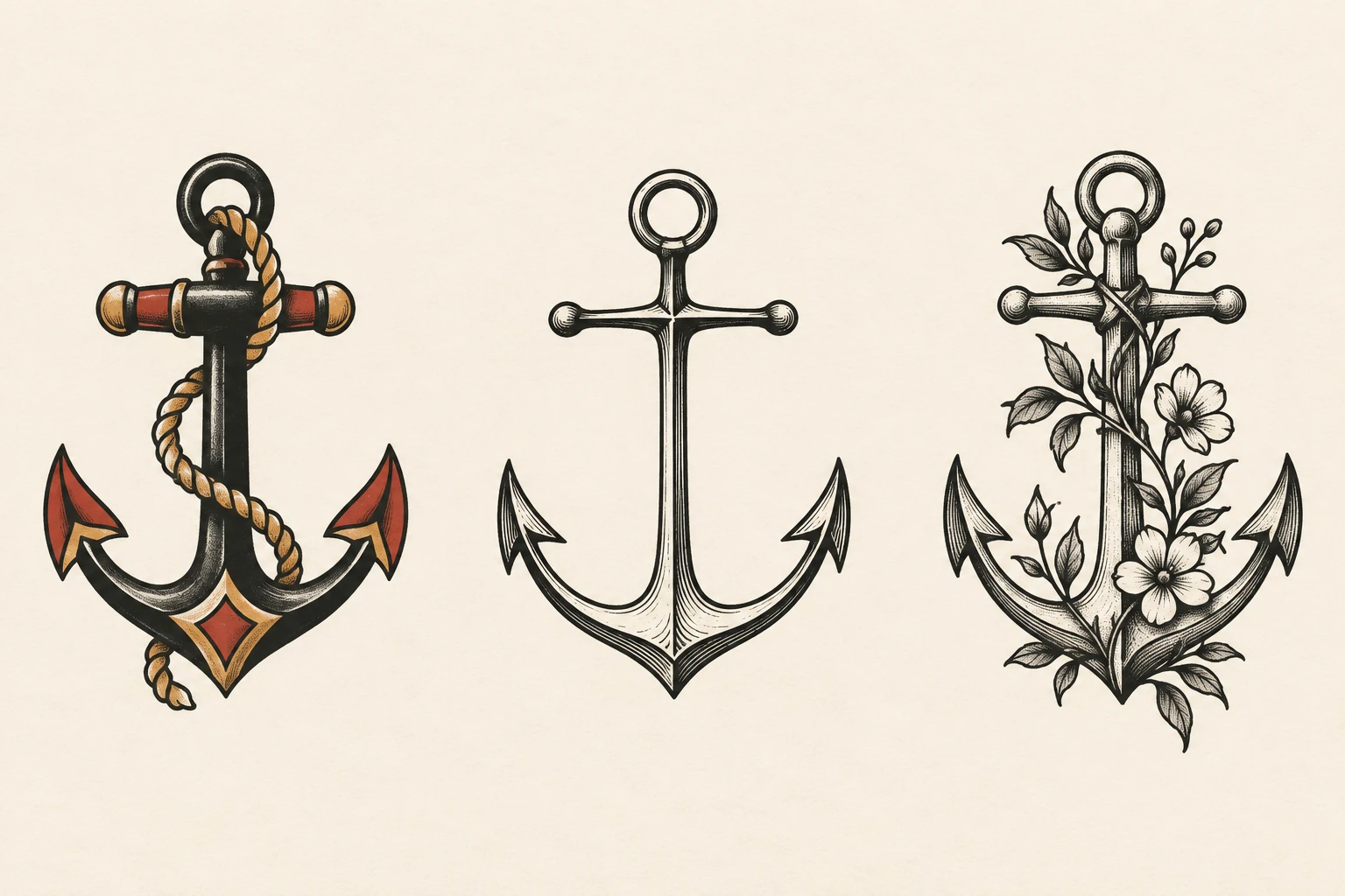 KI-Illustration mit drei Anker-Motiven: kräftig mit Tau und Farbe, reduziert in Schwarz und mit floralen Ergänzungen.