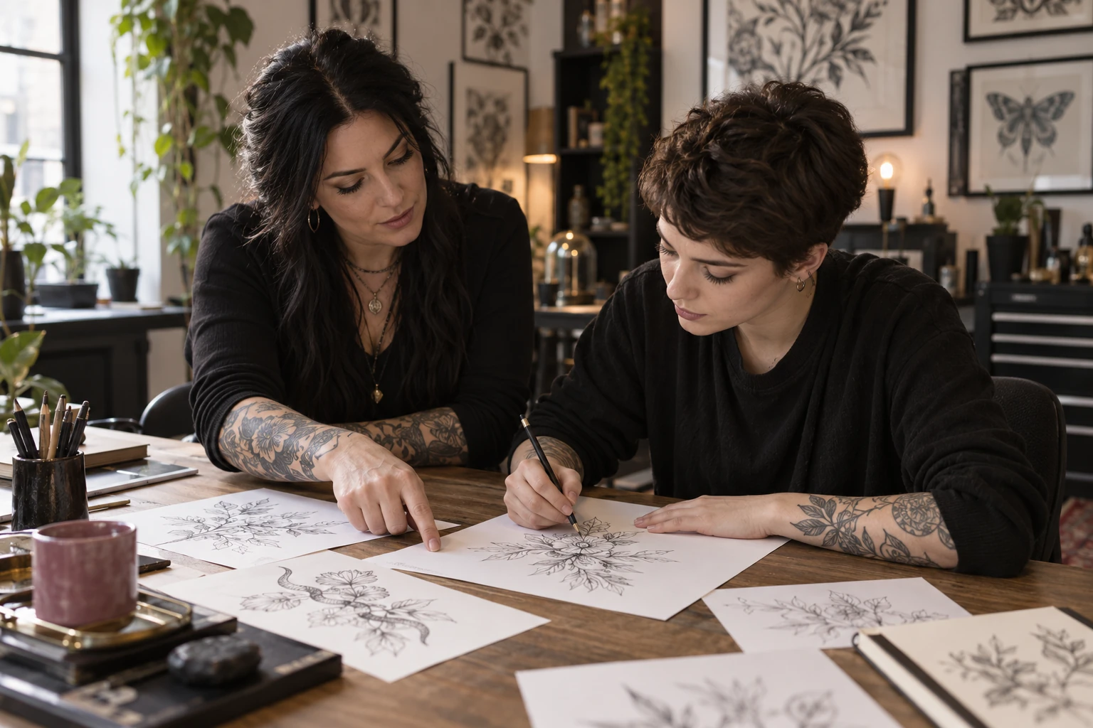 KI-Illustration: Eine erfahrene Tätowiererin bespricht botanische Zeichnungen mit einem erwachsenen Apprentice am Zeichentisch.