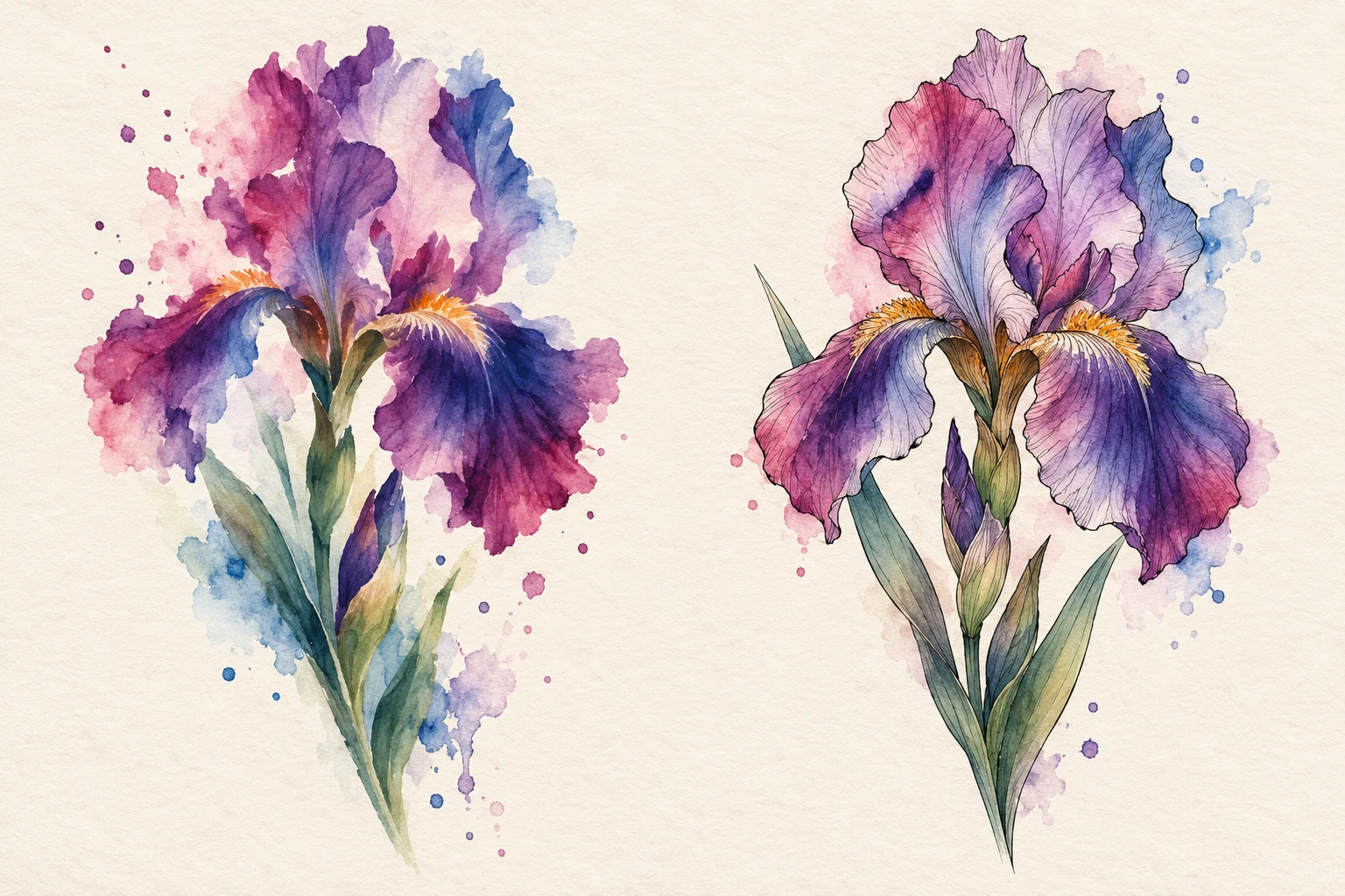 KI-Illustration zweier Irisblüten: links weiche Aquarellflächen ohne schwarze Kontur, rechts Farbflächen mit botanischer Linienzeichnung.