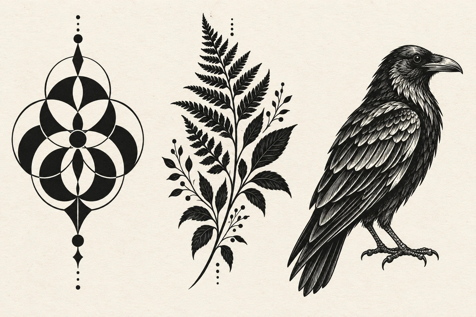 Drei schwarze Tattoo-Entwürfe auf hellem Papier: geometrisches Ornament, botanischer Zweig und detailreich gezeichneter Rabe.