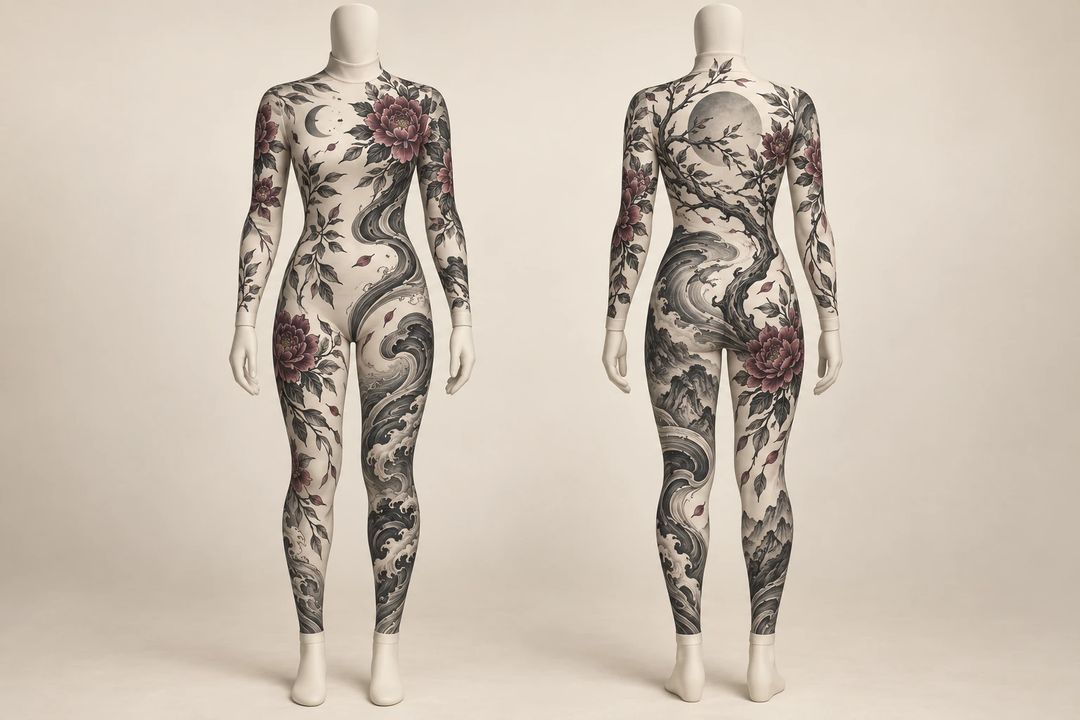 KI-Entwurfsstudie eines Body Suits auf zwei bekleideten Schaufensterpuppen, vorn und hinten mit verbundenen Blüten-, Zweig- und Wellenmotiven.