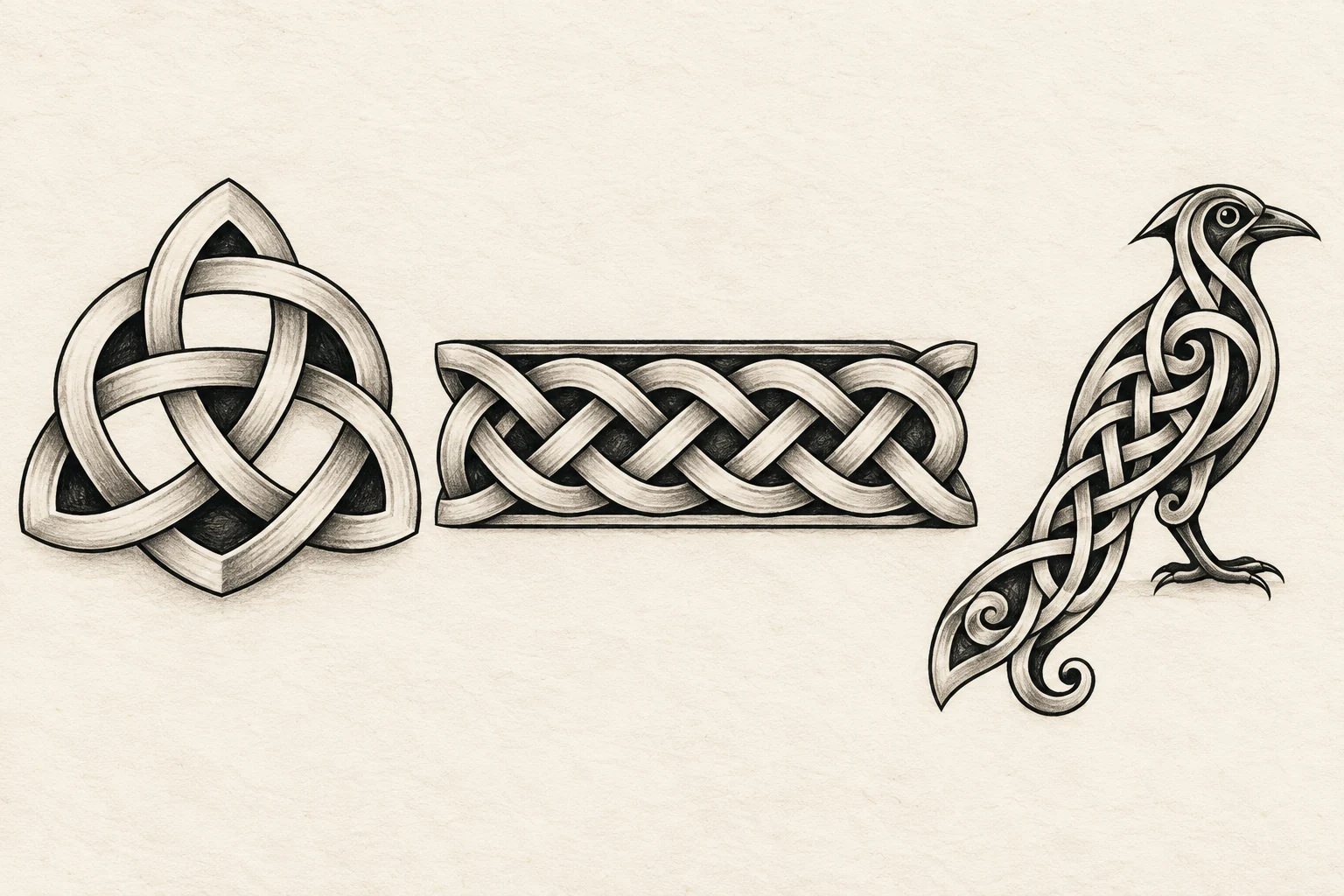 Drei Celtic-Tattoo-Entwürfe auf hellem Papier: dreiteiliger Knoten, verflochtenes Band und ein Vogel mit verschlungenen Linien.