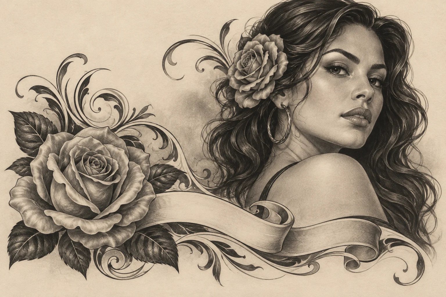 Chicano-inspirierter Schwarz-Grau-Entwurf mit dem Porträt einer Frau, schattierten Rosen, Schnörkeln und einem unbeschrifteten Band.