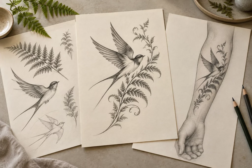 Drei Blätter mit einer Custom-Tattoo-Entwurfsstudie: Vogel und Farn als Skizzen, als gemeinsame Komposition und auf einer Unterarmkontur.