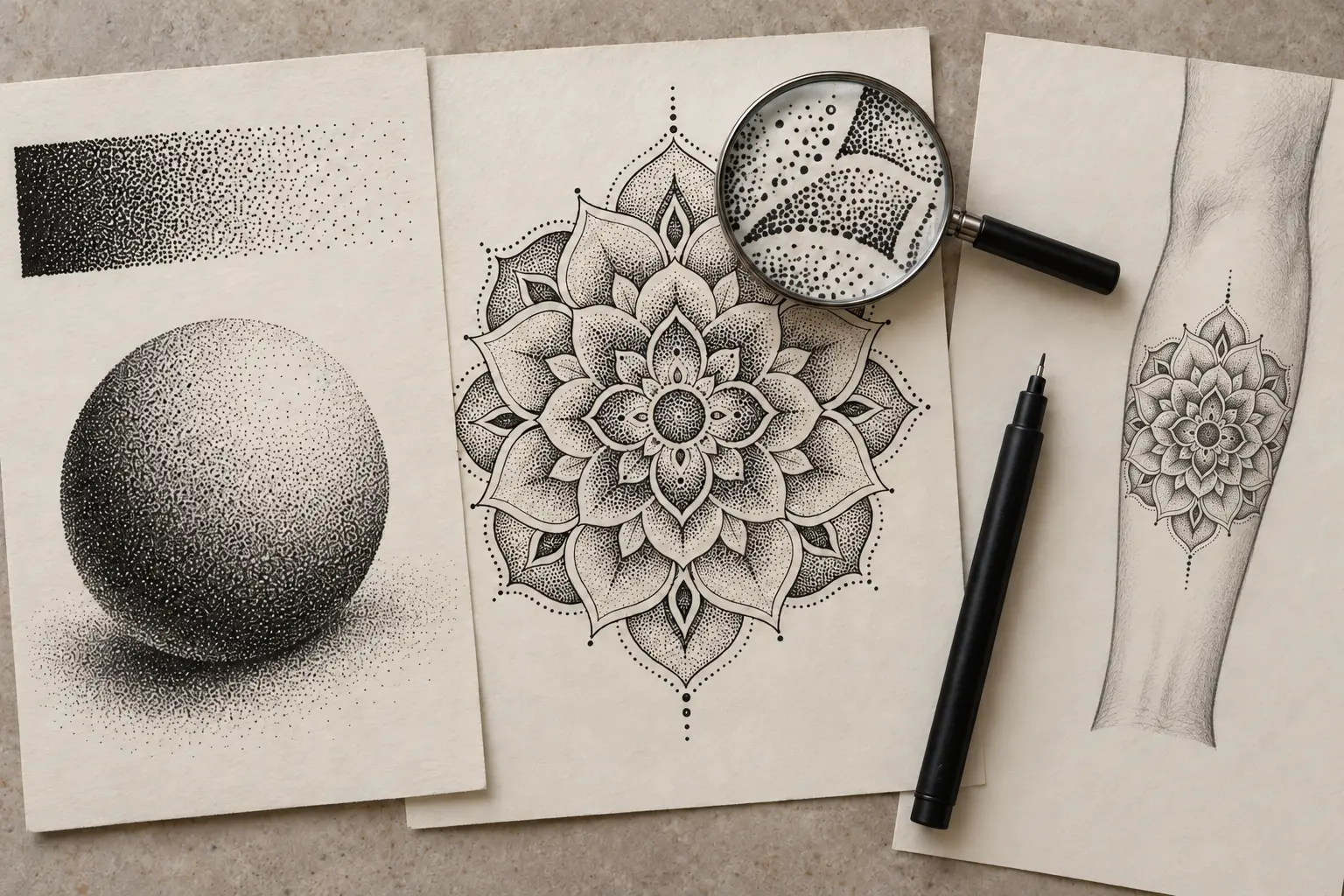 Drei Zeichenblätter in schwarzer Punkttechnik: ein Verlauf von dichten zu lockeren Punkten mit schattierter Kugel, ein Mandala und dasselbe Mandala auf einer Unterarmkontur.