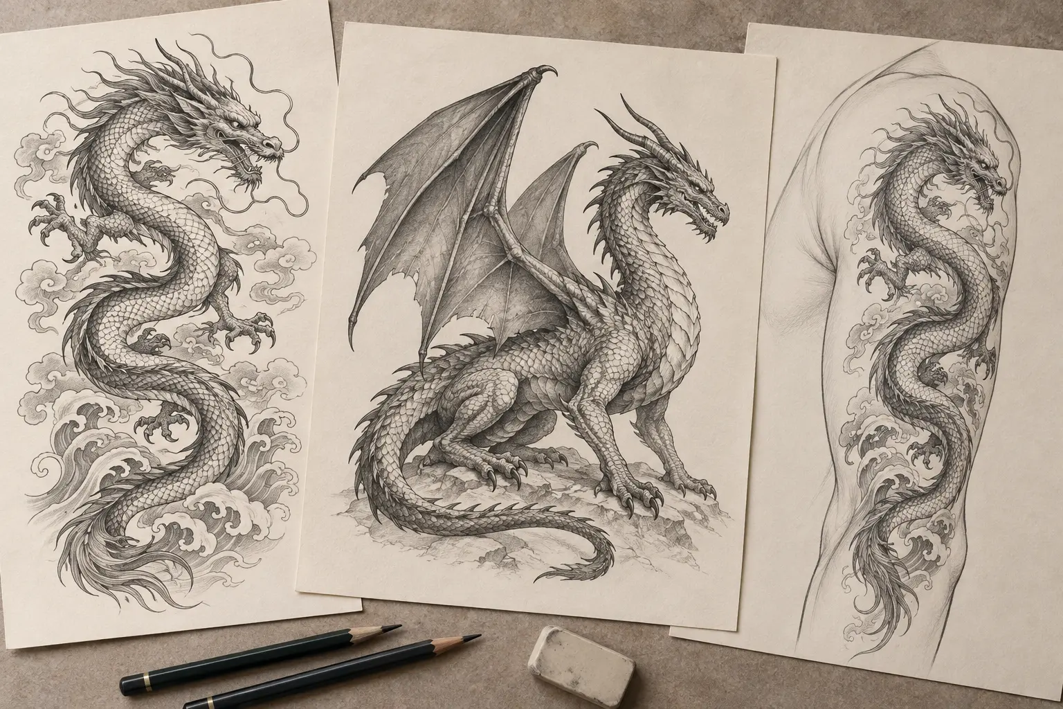 Drei Zeichenblätter: ein flügelloser, schlangenartiger Drache in Wolken und Wellen, ein geflügelter europäischer Drache und der erste Drache auf einer Schulter- und Oberarmkontur.