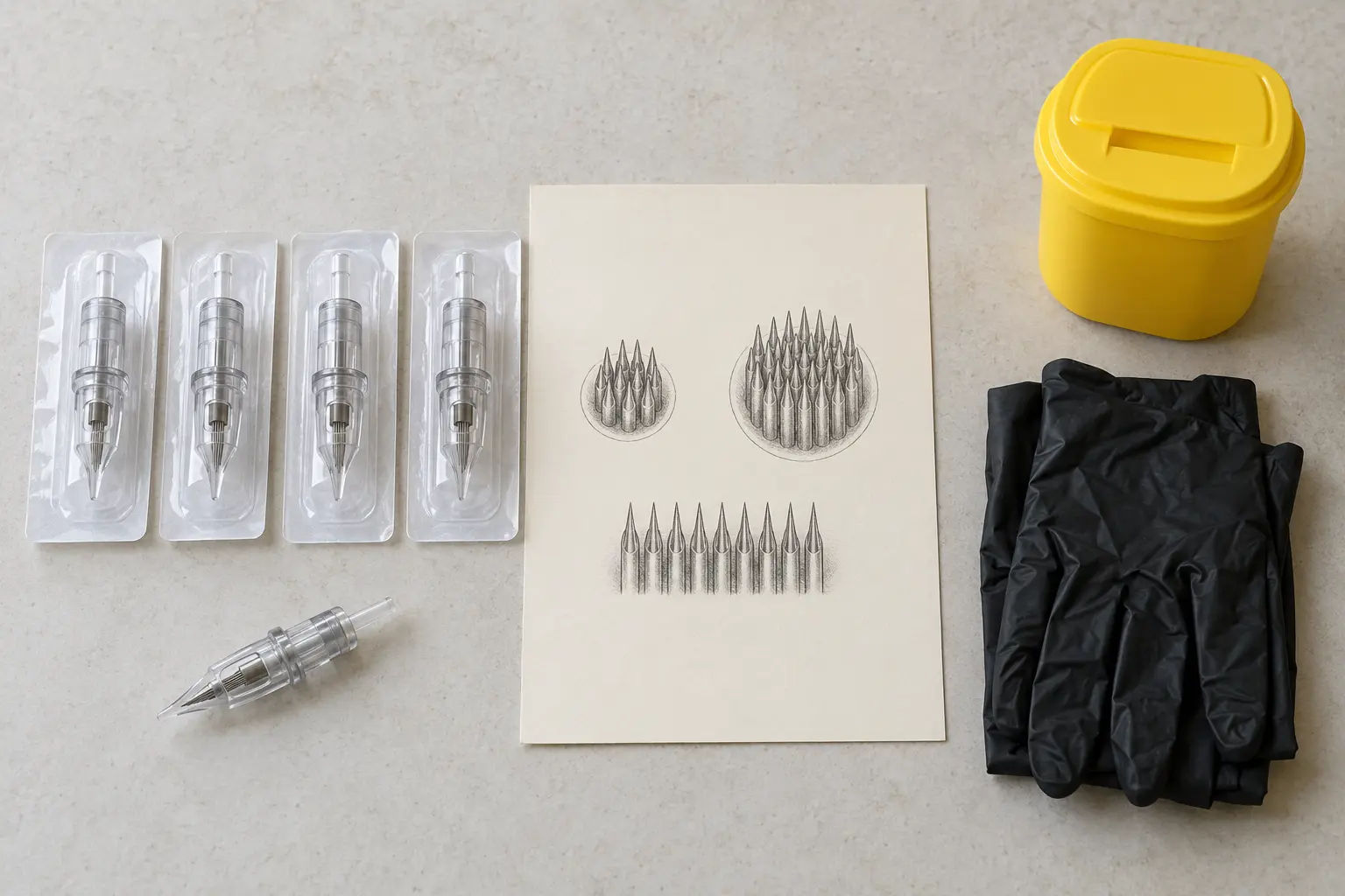 Vier Nadelmodule in Einzelverpackungen und ein ausgepacktes Modul, eine Bleistiftskizze von Nadelanordnungen, schwarze Einweghandschuhe und ein gelber Abwurfbehälter auf hellem Tisch.
