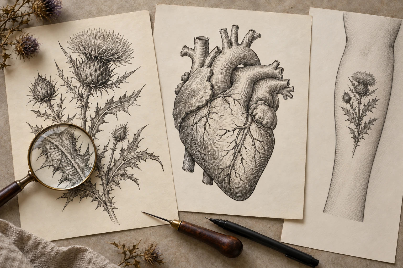 Drei Zeichenblätter im Stil alter Druckgrafik: eine Pflanze mit feinen Schraffuren, ein anatomisches Herz mit Kreuzschraffur und die Pflanze auf einer Unterarmkontur, dazu eine Lupe.