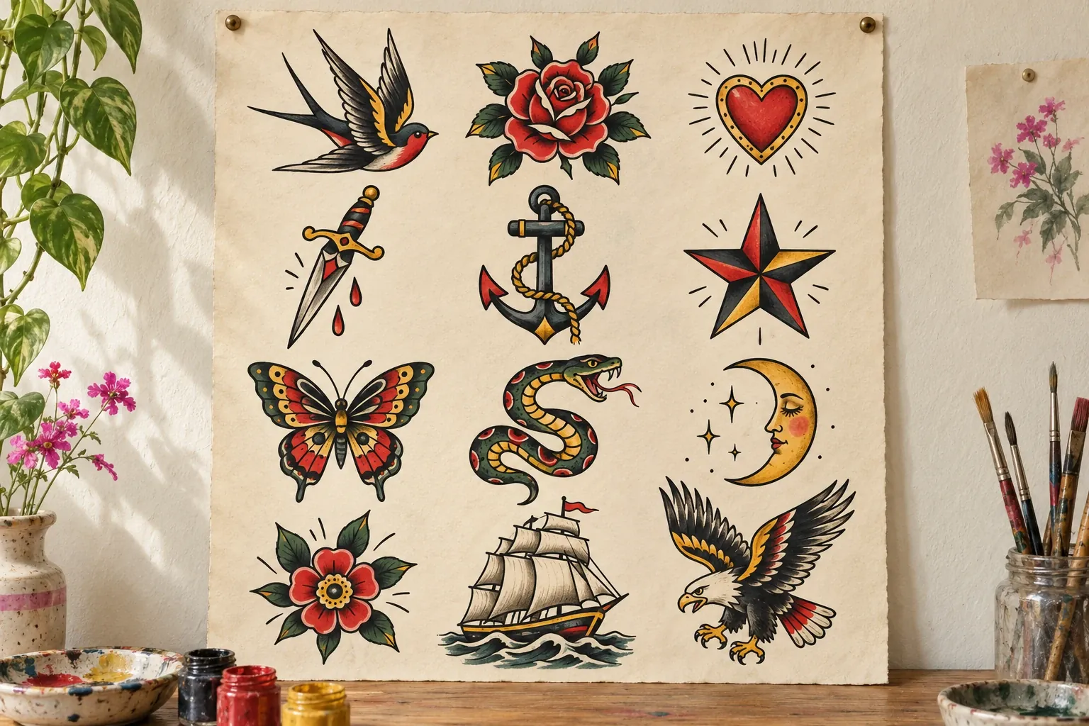 Ein an die Wand gehefteter Bogen mit zwölf gemalten Motiven in kräftigen Konturen und Rot, Gelb, Grün und Schwarz: Schwalbe, Rose, Herz, Dolch, Anker, Stern, Schmetterling, Schlange, Mond, Blüte, Segelschiff und Adler; davor Farbtöpfe und eine Farbschale.