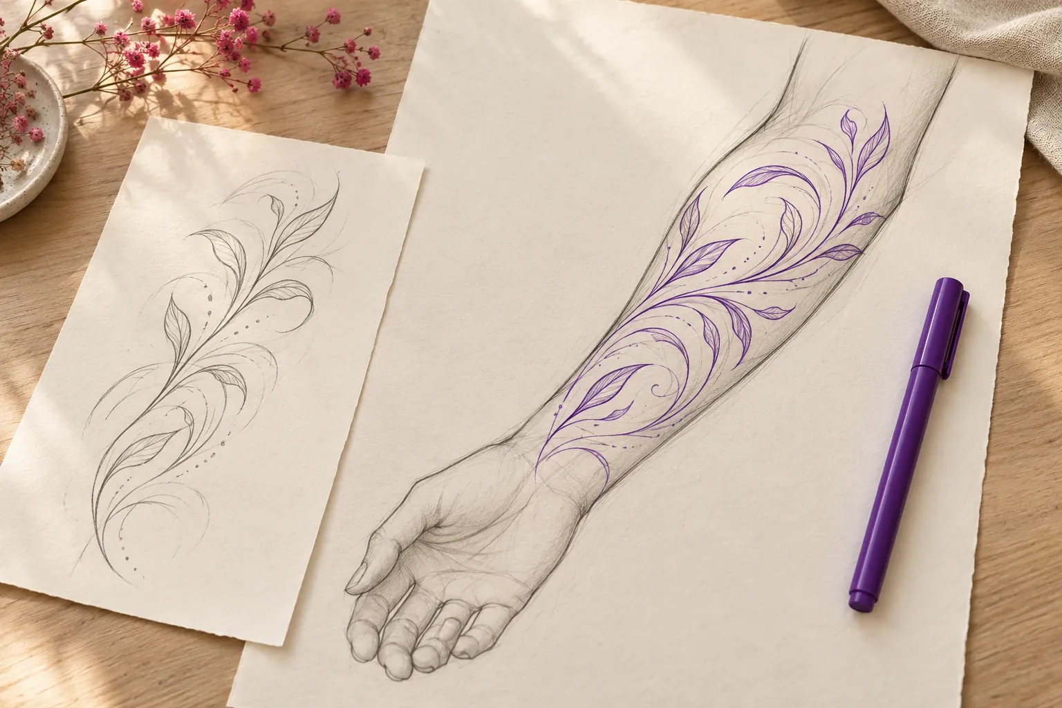 Eine gezeichnete Unterarmkontur mit fließenden violetten Blattranken und Punkten, daneben ein Blatt mit einer lockeren Bleistiftskizze derselben Ranke.