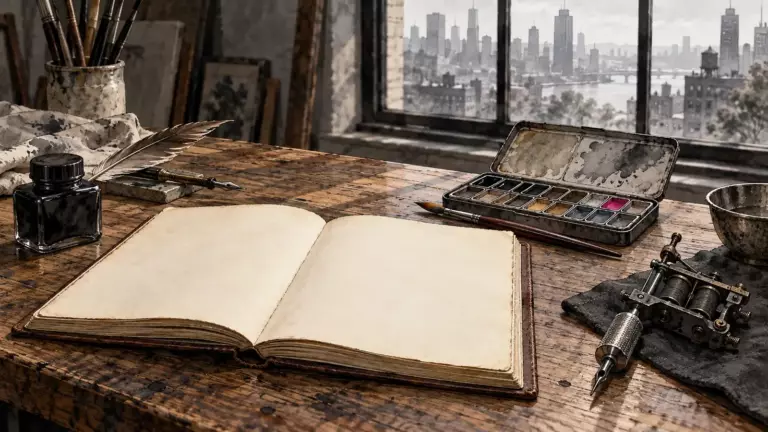 Atelier-Stillleben mit leerem Skizzenbuch, Tuschefass, Schreibfeder, Aquarellkasten und alter Tätowiermaschine vor einer Großstadt-Silhouette (Symbolbild)