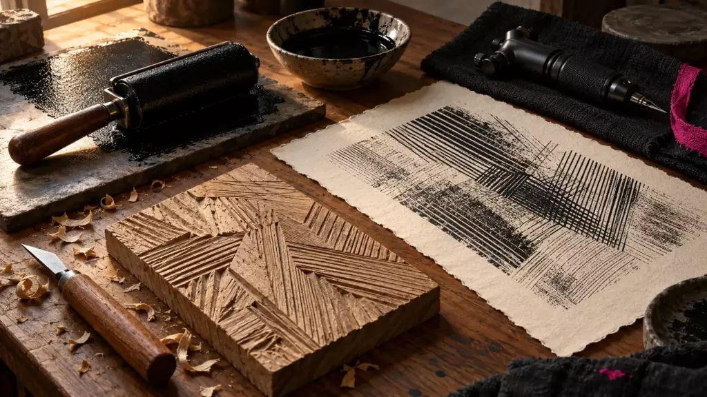 Holzdruckplatte mit Schnitzmesser, Druckwalze und ein Blatt mit feinen Schraffurlinien als Sinnbild für Druckgrafik und Tattoo-Kunst