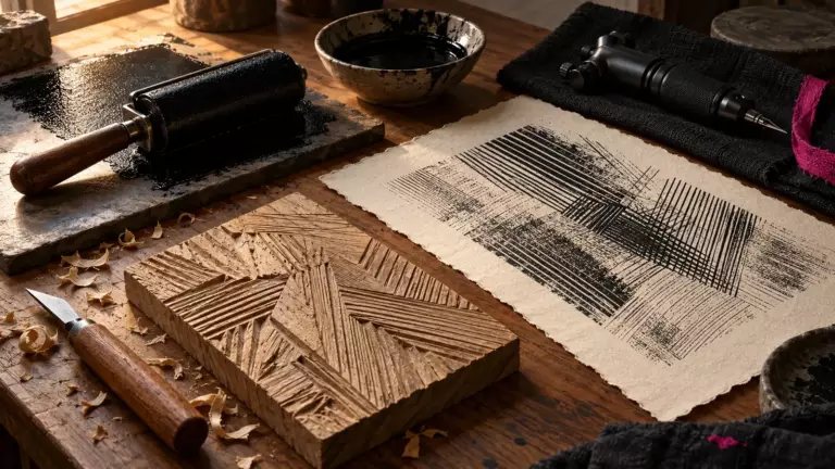 Holzdruckplatte mit Schnitzmesser, Druckwalze und ein Blatt mit feinen Schraffurlinien als Sinnbild für Druckgrafik und Tattoo-Kunst