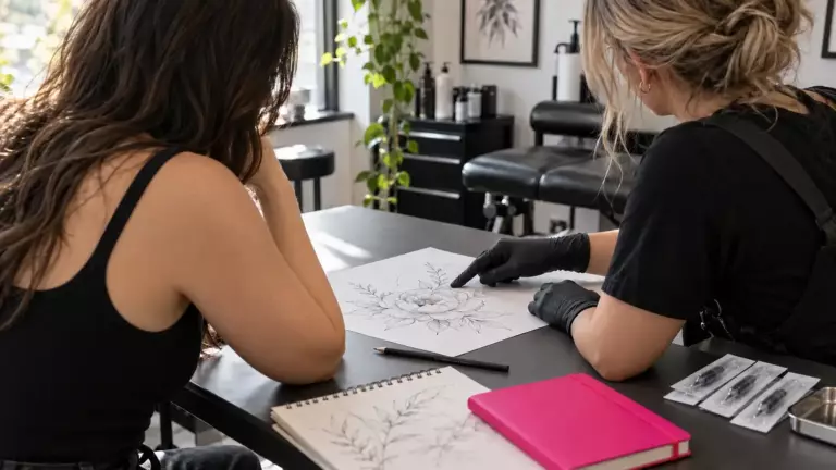 Beratungsgespräch vor dem ersten Tattoo: Eine Tätowiererin mit schwarzen Handschuhen zeigt einer Kundin eine Blumenskizze, daneben verschweißte sterile Nadeln