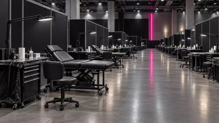 Leere Messehalle einer Tattoo-Convention mit aufgebauten Tattoo-Stationen und pinkem Lichtband (Symbolbild)
