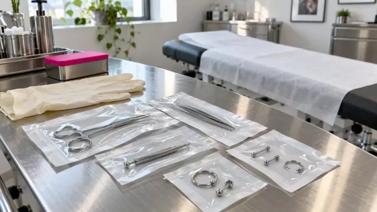 Edelstahltisch mit steril verpackten Instrumenten und Schmuck, Handschuhen und abgedeckter Liege (Symbolbild)