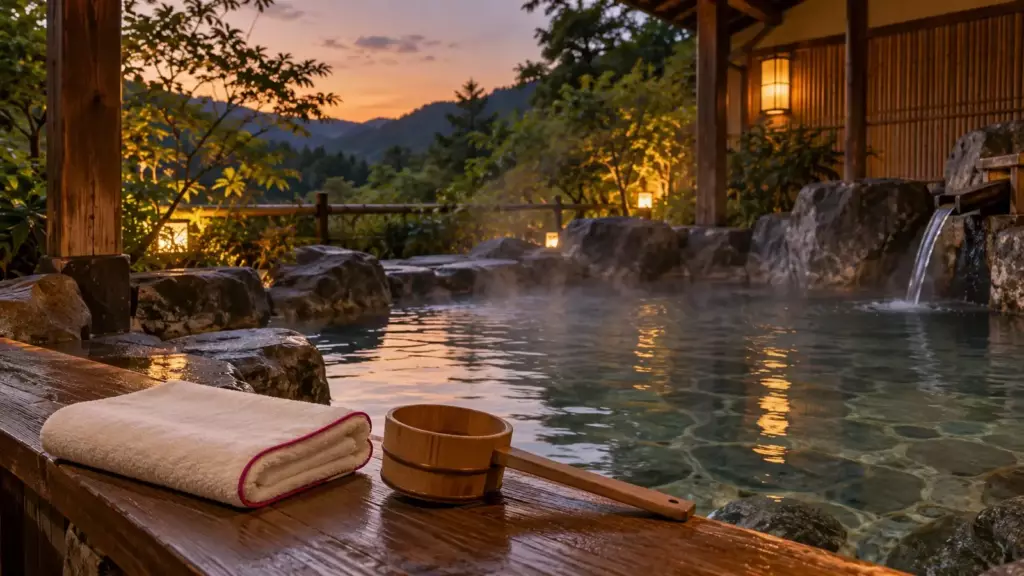 Felsiges Onsen unter freiem Himmel in der Abenddämmerung mit Handtuch und Holzschöpfkelle (Symbolbild)
