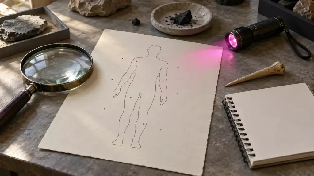 Stillleben mit Körperumriss-Zeichnung mit Punkten, Lupe, UV-Lampe, Notizbuch, Knochenahle und Holzkohle (Symbolbild)