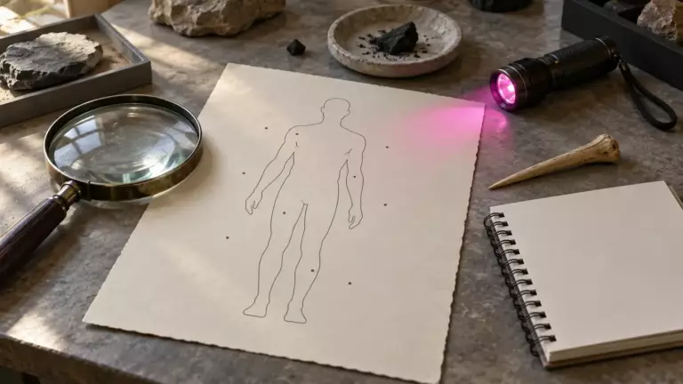 Stillleben mit Körperumriss-Zeichnung mit Punkten, Lupe, UV-Lampe, Notizbuch, Knochenahle und Holzkohle (Symbolbild)
