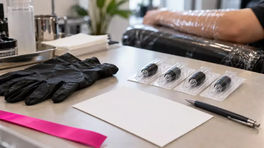 Tattoo-Arbeitsplatz mit schwarzen Handschuhen, steril verpackten Nadelmodulen und einer leeren Karte, im Hintergrund ein mit Folie abgedeckter Unterarm