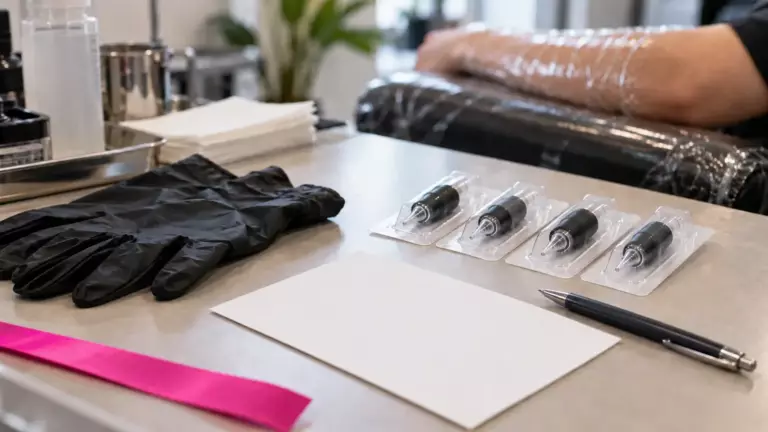Tattoo-Arbeitsplatz mit schwarzen Handschuhen, steril verpackten Nadelmodulen und einer leeren Karte, im Hintergrund ein mit Folie abgedeckter Unterarm