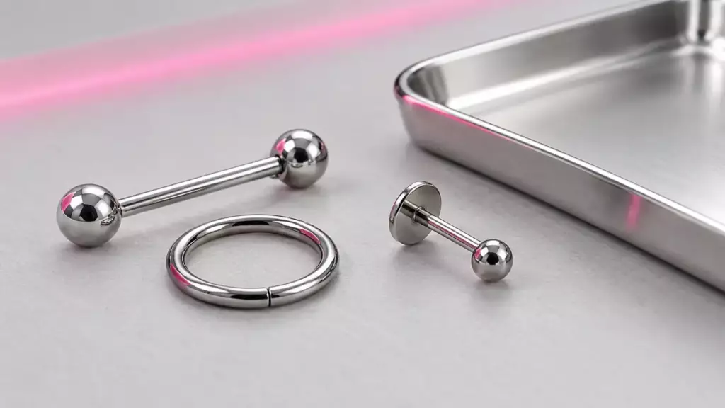 Polierter Piercingschmuck aus Titan – Stab mit Kugeln, Ring und Labret – neben einem Edelstahl-Tray auf hellgrauem Untergrund