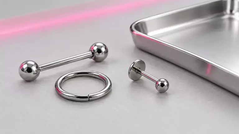 Polierter Piercingschmuck aus Titan – Stab mit Kugeln, Ring und Labret – neben einem Edelstahl-Tray auf hellgrauem Untergrund