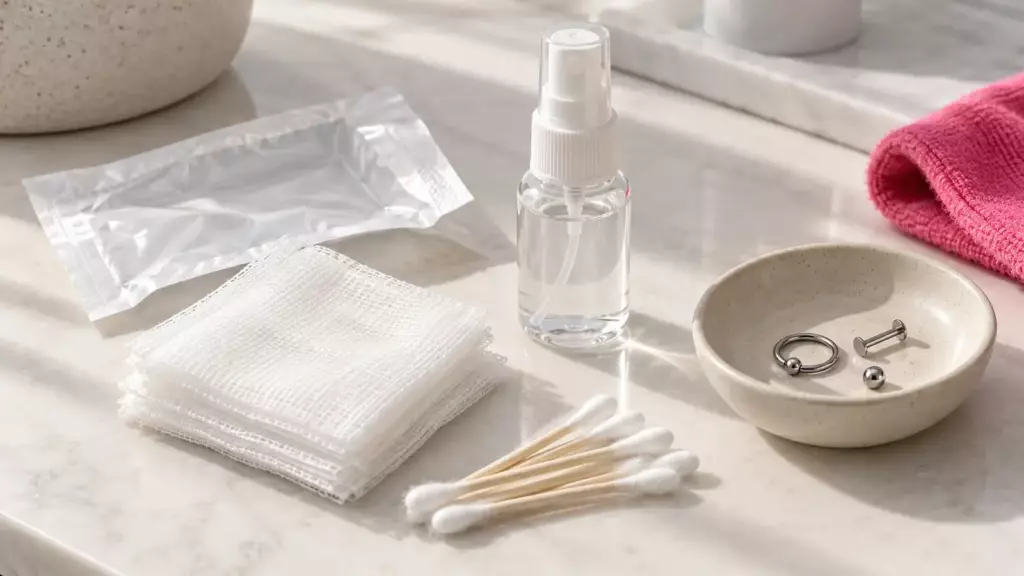Sprühflasche, sterile Kompressen, Wattestäbchen und ein Schälchen mit Piercingschmuck auf einer hellen Ablage