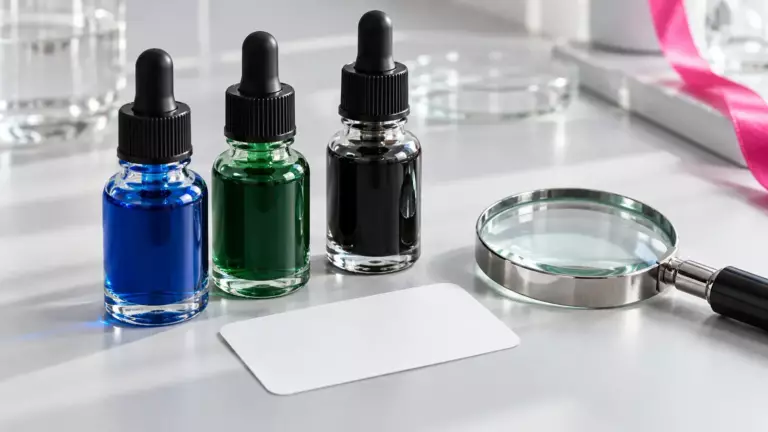 Fläschchen mit blauer, grüner und schwarzer Tätowierfarbe neben einem leeren Etikett und einer Lupe auf heller Arbeitsfläche