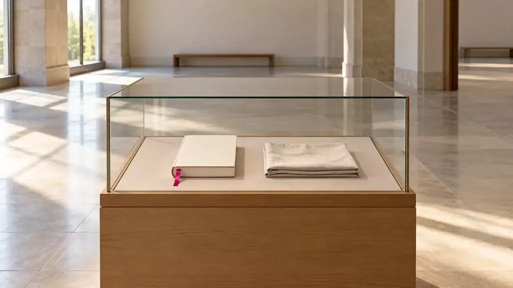 Leerer Museumsraum mit Holzvitrine, darin ein geschlossenes Buch mit pinkem Lesebändchen und ein gefaltetes Tuch (Symbolbild)