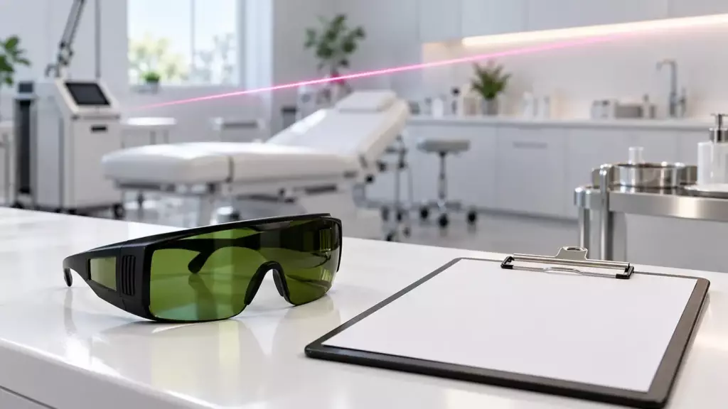 Behandlungsraum mit Laser-Schutzbrille, Klemmbrett und pinkem Lichtstrahl (Symbolbild)