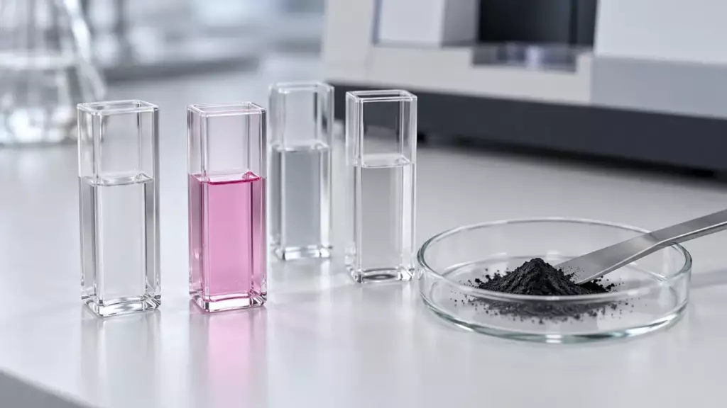 Glasküvetten mit klaren und pinker Flüssigkeit und ein Schälchen mit dunklem Pigmentpulver auf einem hellen Labortisch