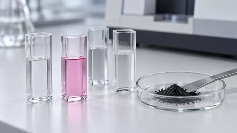 Glasküvetten mit klaren und pinker Flüssigkeit und ein Schälchen mit dunklem Pigmentpulver auf einem hellen Labortisch