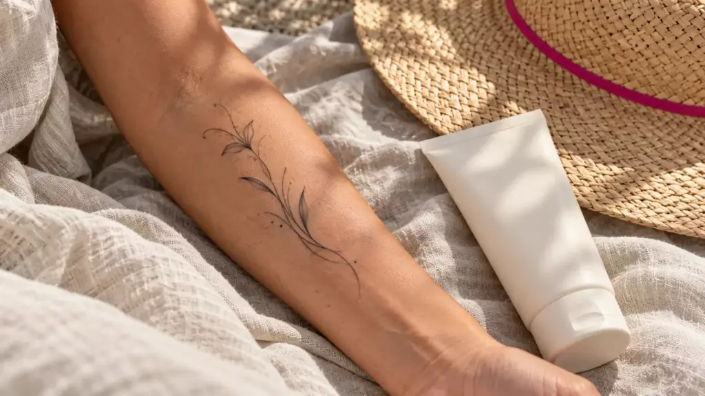 Unterarm mit feinem Blumen-Tattoo auf Leinen, daneben Sonnencreme und Strohhut mit pinkem Band (Symbolbild)