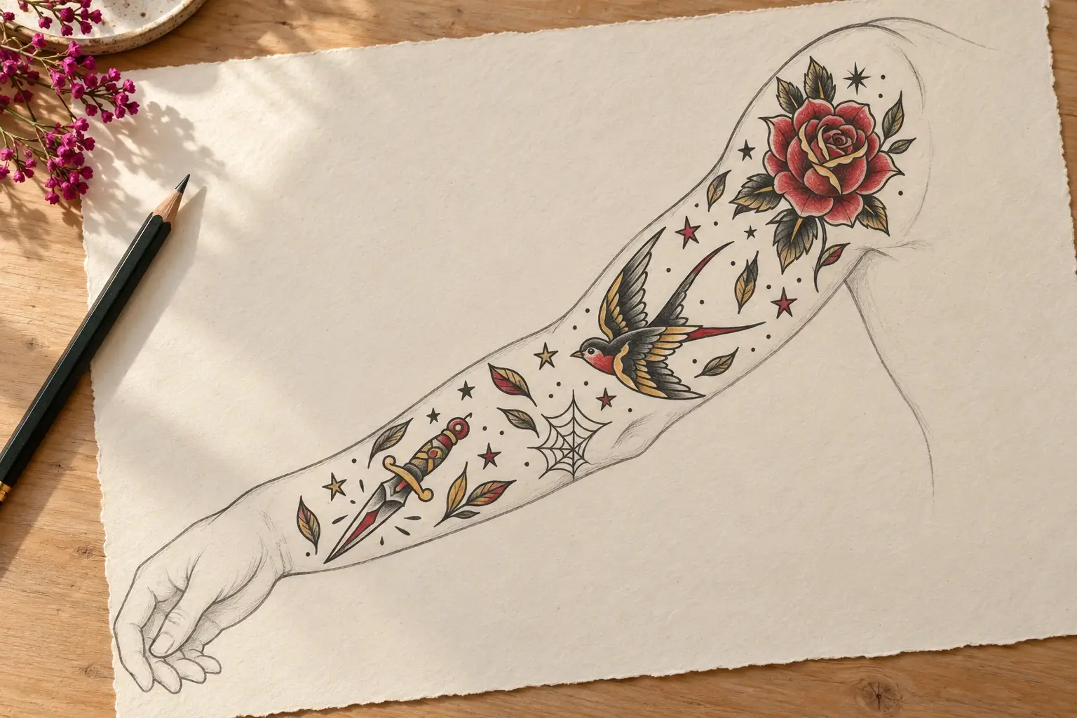 Ein Zeichenblatt mit einem Arm von der Schulter bis zur Hand, darauf eine Rose, eine Schwalbe und ein Dolch im klassischen Stil; dazwischen kleine Sterne, Punkte, Blätter und ein Spinnennetz als Lückenfüller; daneben ein Bleistift und pinke Blüten.