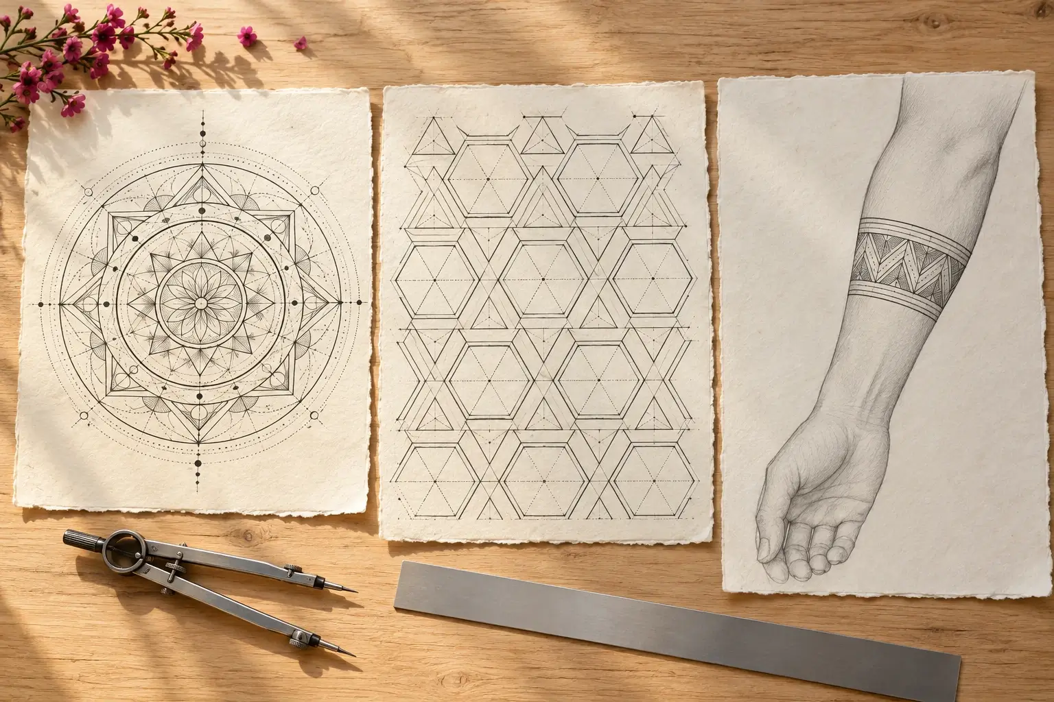 Drei Zeichenblätter mit schwarzen Linienentwürfen: ein Mandala aus Kreisen und Blütenformen, ein Muster aus Sechsecken und Dreiecken und ein Unterarm mit einem Band aus Zickzack-Dreiecken; davor Zirkel, Lineal und pinke Blüten.