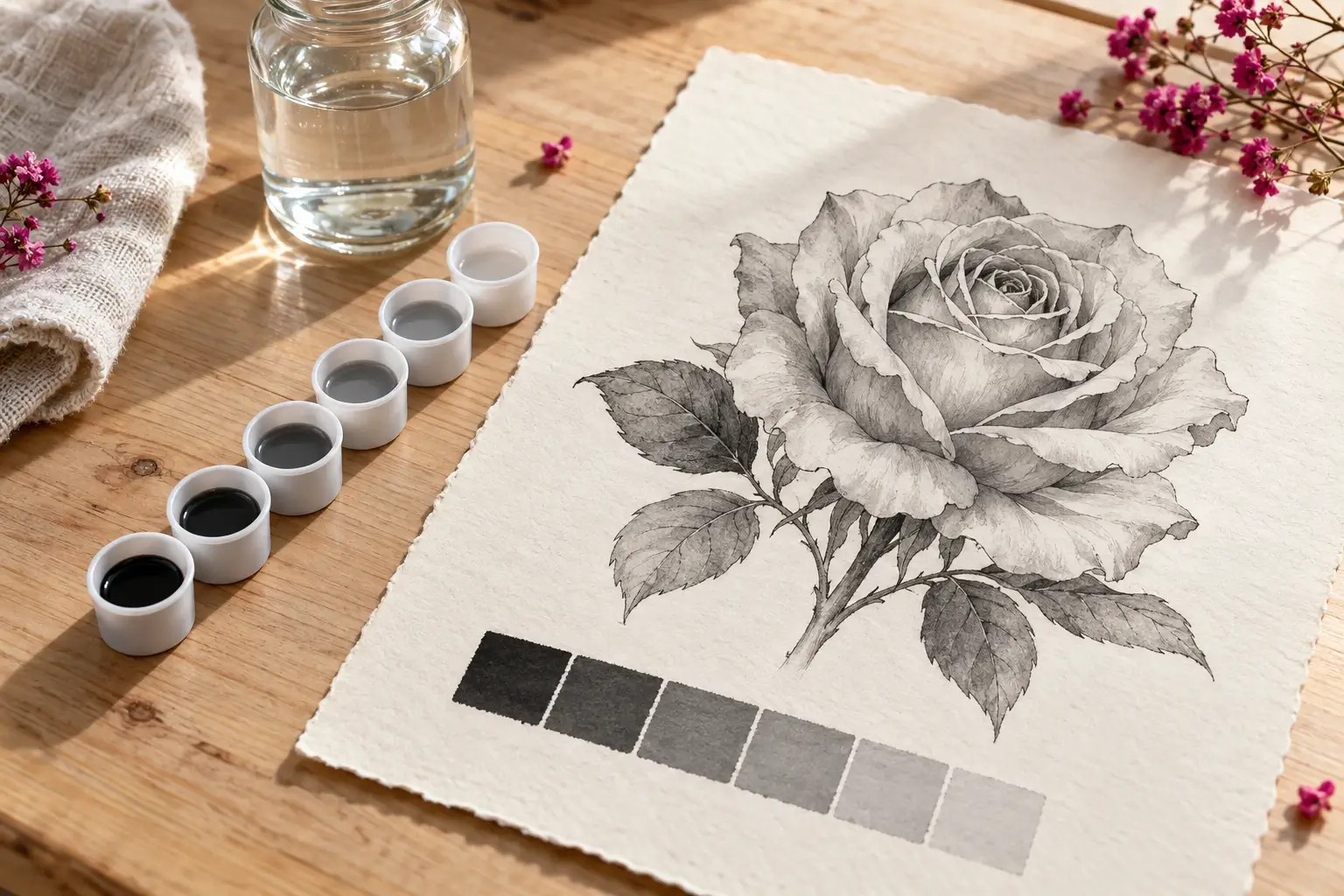 Sechs kleine weiße Farbkappen in einer Reihe von Schwarz bis Hellgrau, dahinter ein Glas mit klarem Wasser; daneben ein Zeichenblatt mit einer in Grautönen schattierten Rose und sechs Grauabstufungen.
