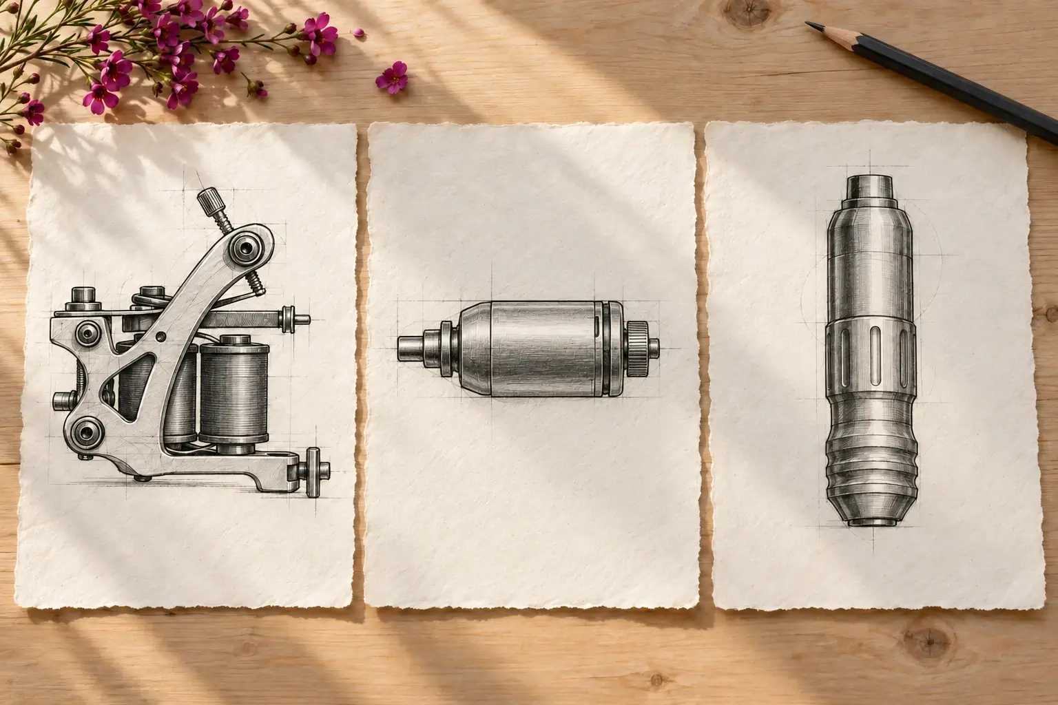 Drei Zeichenblätter mit Bleistiftzeichnungen: eine Spulenmaschine mit zwei Spulen und Rahmen, das zylindrische Motorgehäuse einer Rotationsmaschine und eine stiftförmige Pen-Maschine, jeweils ohne Nadel; daneben ein Bleistift und pinke Blüten.