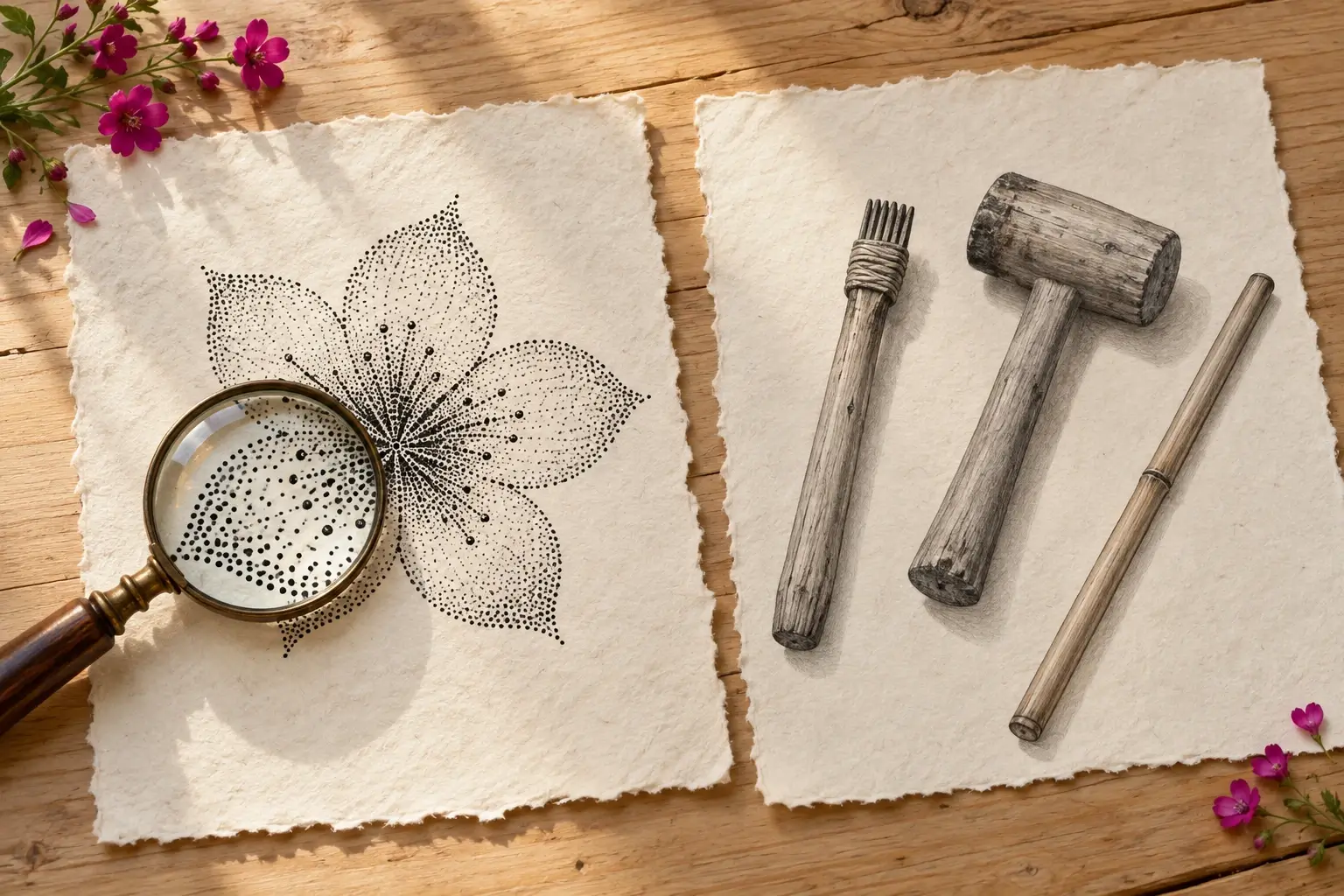 Ein Zeichenblatt mit einer Blüte aus vielen feinen schwarzen Punkten, darüber eine Lupe; daneben ein Blatt mit Zeichnungen eines Holzstabs mit kammartiger Spitze, eines Holzschlegels und eines schlanken Bambusstabs.