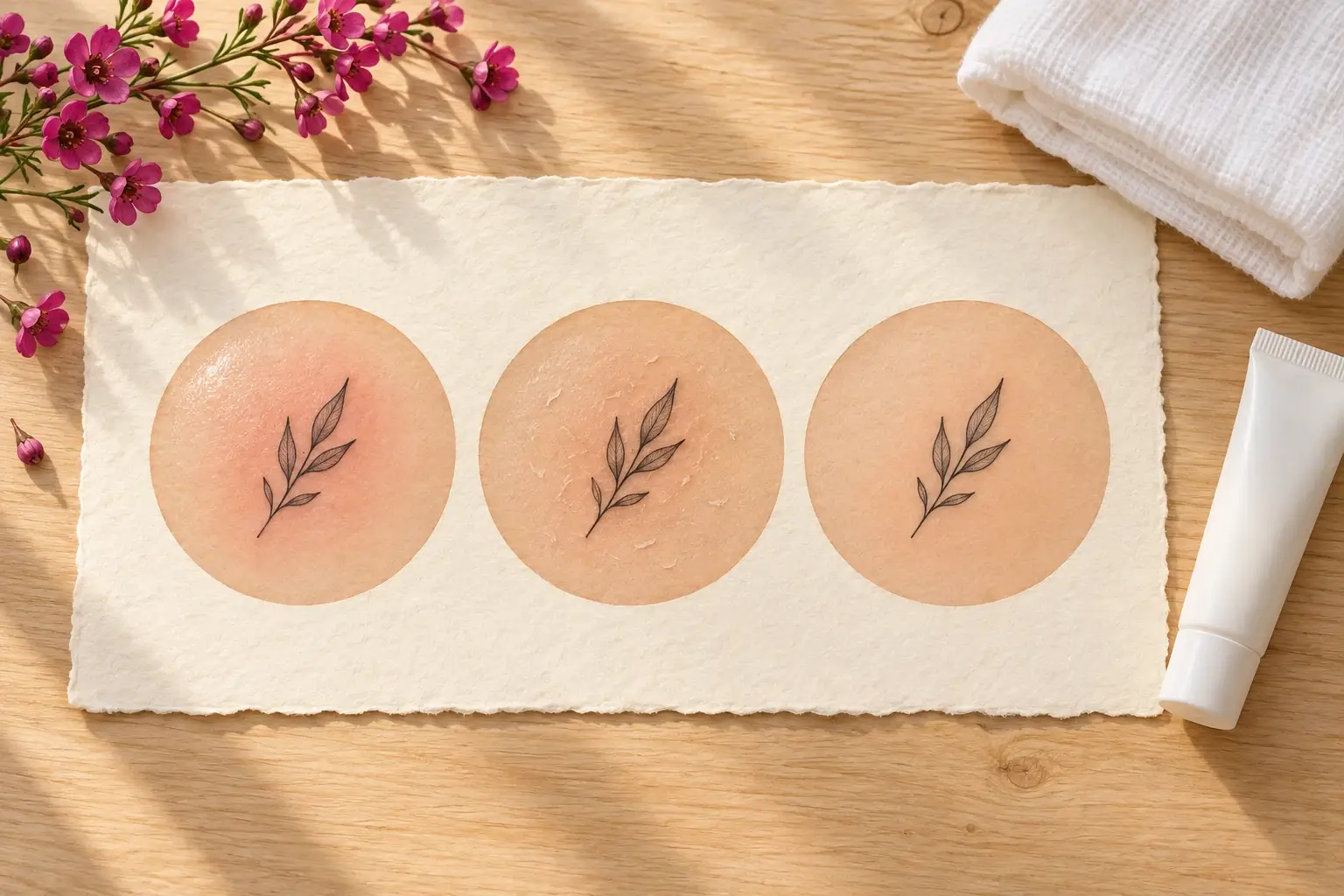Drei hautfarbene Kreise auf Papier mit demselben kleinen Blattmotiv: links mit geröteter Haut rundherum, in der Mitte mit feinen Schuppen, rechts ruhig und klar; daneben ein gefaltetes weißes Tuch, eine weiße Tube ohne Aufschrift und pinke Blüten.
