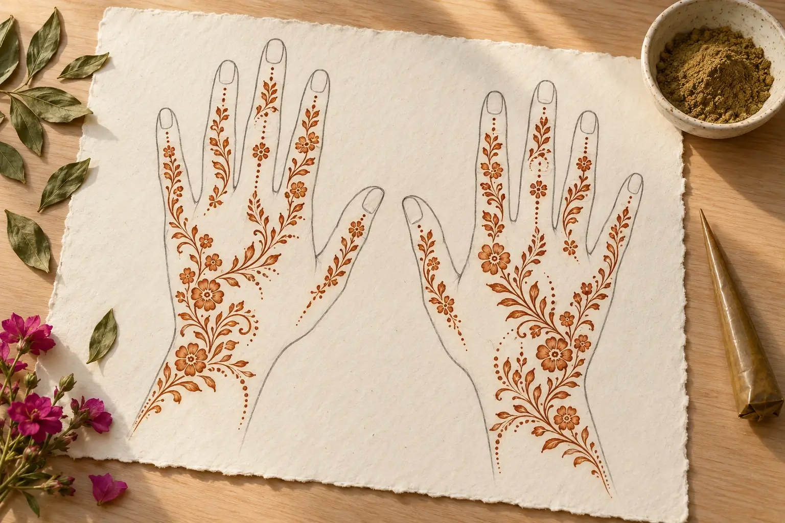 Ein Zeichenblatt mit zwei gezeichneten Händen, auf Handrücken und Fingern mit orange-braunen Ornamenten aus Blüten, Ranken und Punkten verziert; daneben grüne Blätter, eine kleine Schale mit grünlich-braunem Pulver und eine Spitztüte.