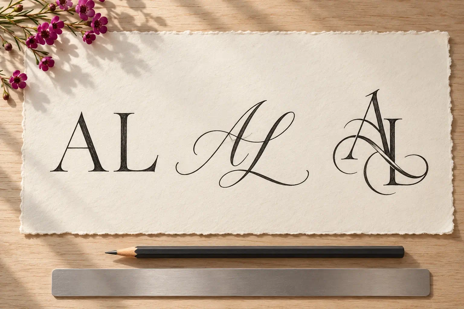 Ein Zeichenblatt mit den Buchstaben A und L in drei Schriftarten: einmal mit Serifen, einmal in Schreibschrift und einmal als verschlungenes Monogramm; daneben ein Bleistift und ein Lineal.
