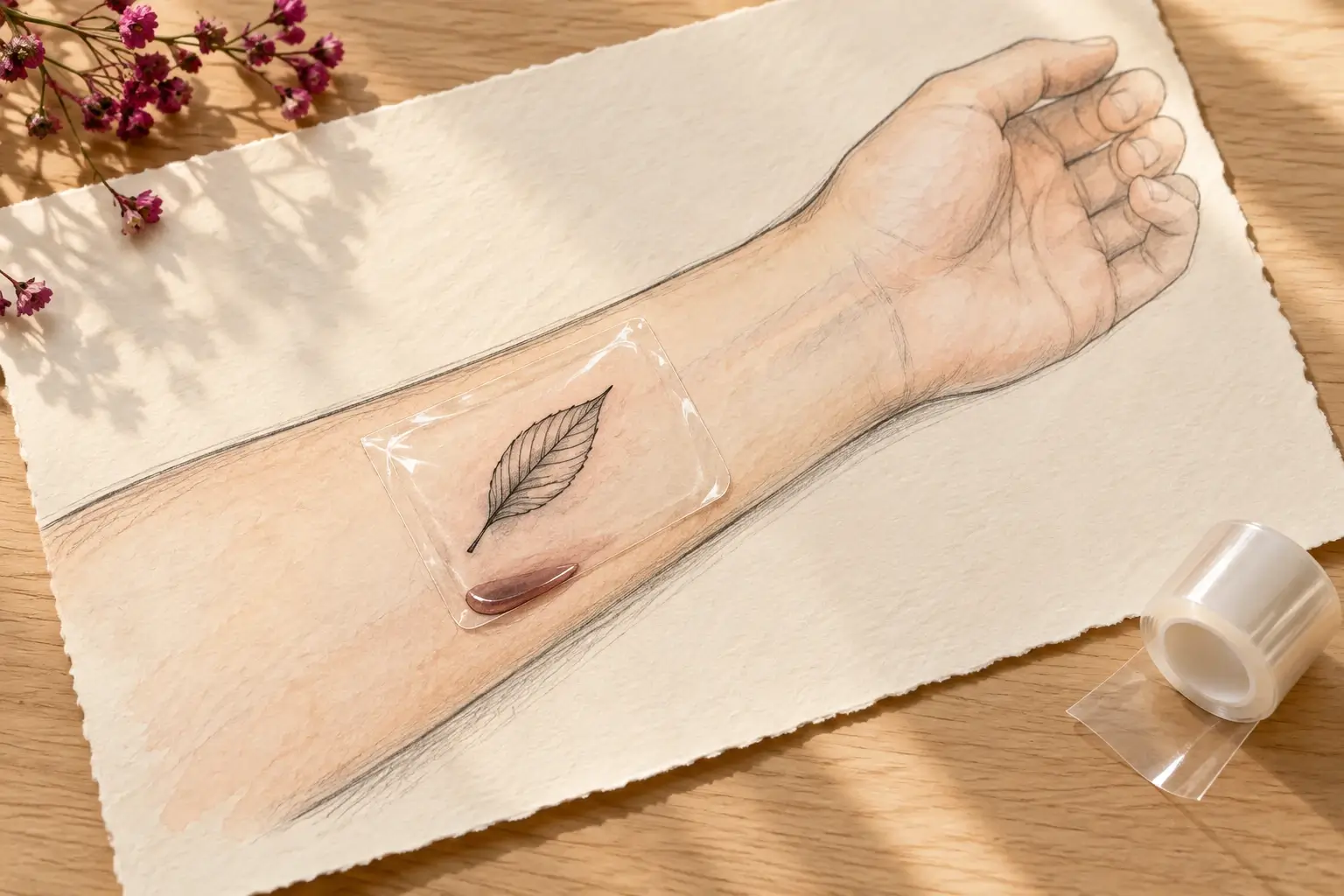 Eine Zeichnung eines Unterarms mit einem kleinen Blatt-Tattoo unter einer durchsichtigen Folie; am unteren Rand der Folie hat sich eine kleine dunkelrote Flüssigkeitsblase gesammelt; daneben eine Rolle Folie.