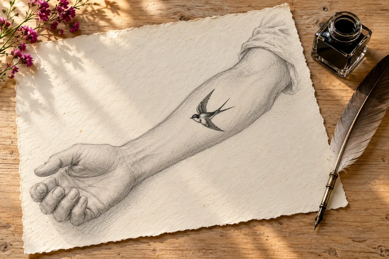 Ein Zeichenblatt mit einem ausgestreckten Arm, auf dessen Unterarm ein kleines schwarzes Schwalben-Tattoo zu sehen ist; daneben ein Tintenfass mit schwarzer Tinte und eine Schreibfeder.