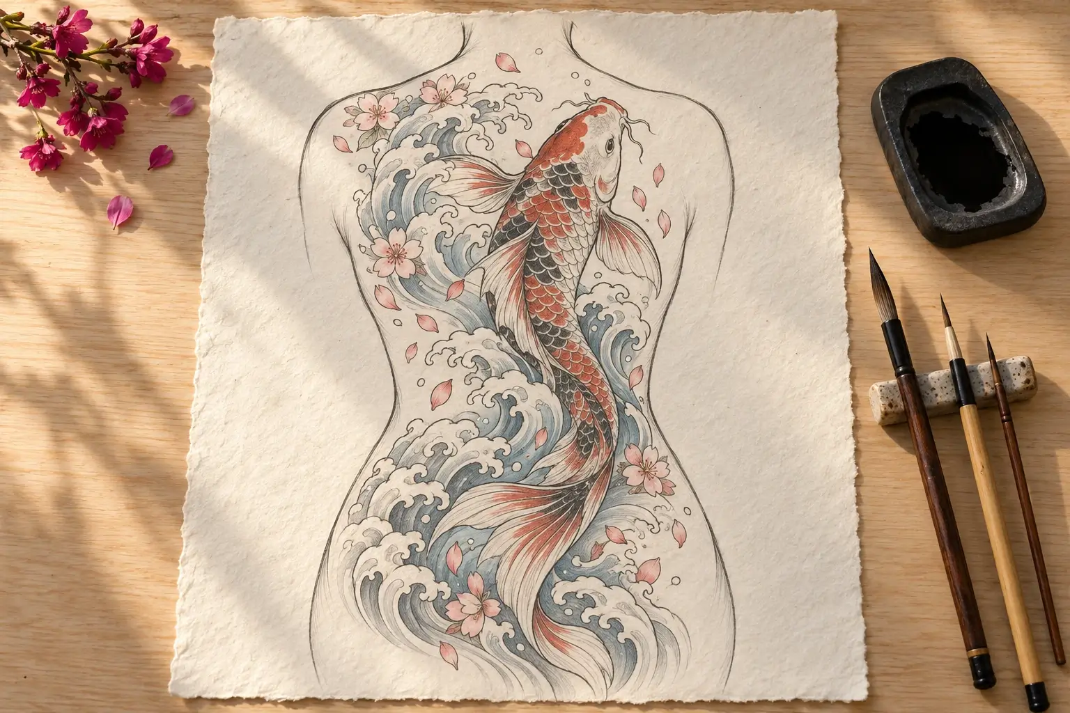 Ein Zeichenblatt mit der Umrisslinie eines Rückens, darauf ein großer Entwurf im japanischen Stil: ein orange-roter Koi schwimmt zwischen blaugrauen Wellen nach oben, umgeben von rosa Kirschblüten; daneben drei Pinsel und ein Tuschestein.