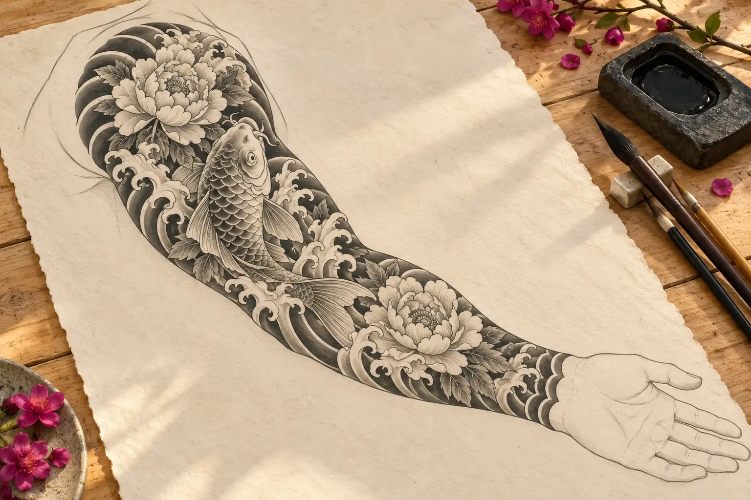 Ein Zeichenblatt mit einer Armkontur von der Schulter bis zum Handgelenk, darauf ein Entwurf im japanischen Stil in Grautönen: ein Koi zwischen Wellen und großen Pfingstrosen, am Handgelenk eine wellenförmige Abschlusslinie; daneben Pinsel und ein Tuschestein.