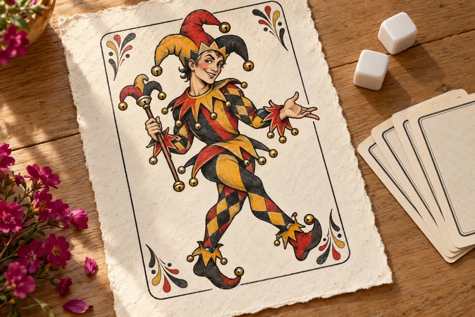 Ein Zeichenblatt mit einer großen gezeichneten Spielkarte im Old-School-Stil: ein lächelnder Narr mit rot-gelb-schwarzer Schellenkappe, Narrenstab und Rautenkostüm; daneben zwei weiße Würfel und ein kleiner Stapel Spielkarten.