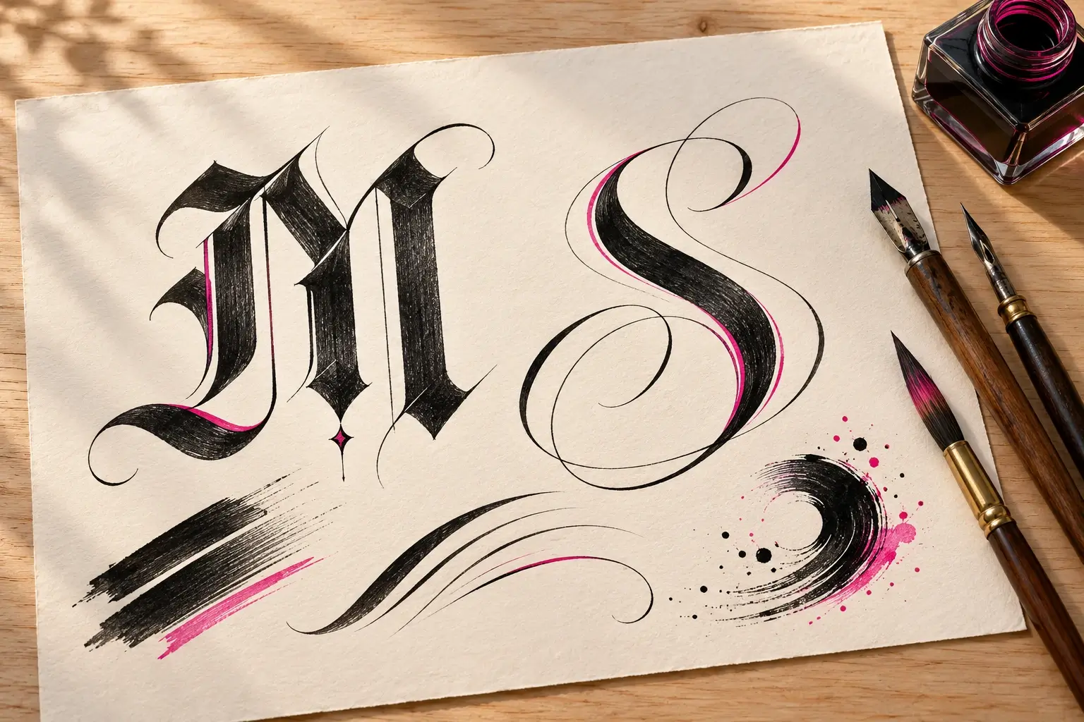 Ein Zeichenblatt mit einem großen M in gebrochener Schrift, einem geschwungenen S in Schreibschrift und abstrakten Pinselstrichen mit pinken Akzenten; daneben zwei Schreibfedern, ein Pinsel und ein Tintenfass.