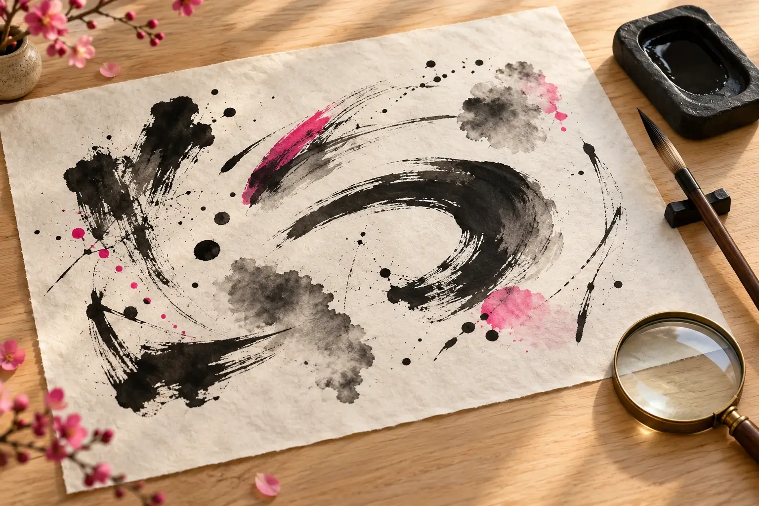 Ein helles Blatt Papier mit abstrakten schwarzen und pinken Pinselstrichen ohne Schriftzeichen, daneben ein Kalligrafiepinsel, ein Tuschestein, eine Lupe und Zweige mit rosa Blüten.