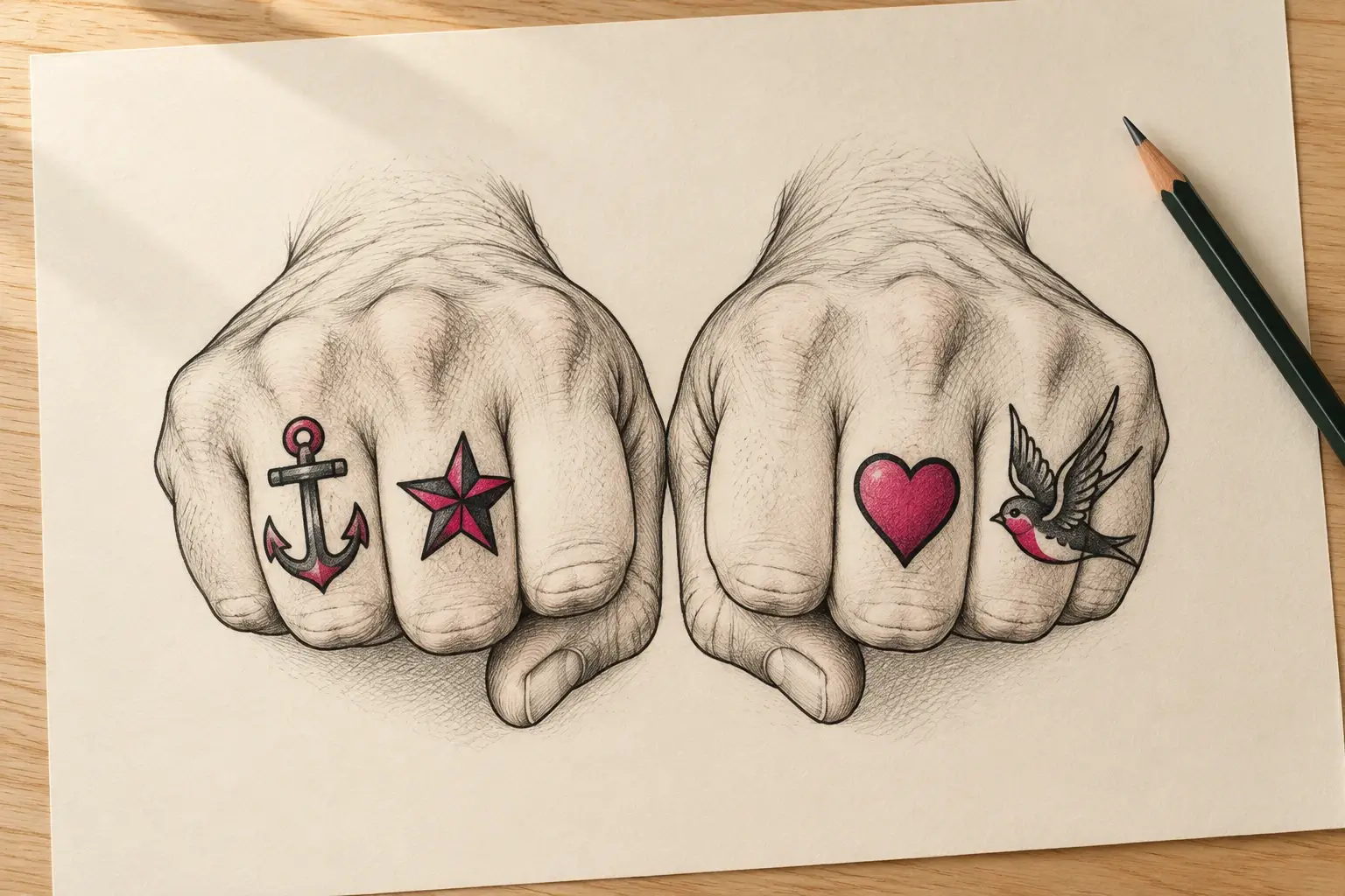 Eine Bleistiftzeichnung zweier Hände als Fäuste, auf den Fingern kleine Symbole im Old-School-Stil: Anker, Stern, Herz und Schwalbe; daneben ein Bleistift.